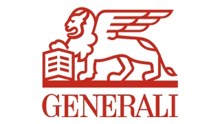 Logo Generali Weiße Fläche, rotes Bild und rote Schrift. Ein stilisierter, geflügelter Löwe hält ein offenes Buch in der Pfote. Er steht auf einem dicken Strich. Darunter steht in Großbuchstaben GENERALI